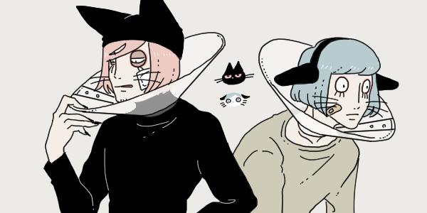 2boys akaiti animal animal_ears animal_hat animalization bandaid bandaid_on_face beard_stubble blue_hair cat cat_hat facial_hair fake_animal_ears gauze gauze_on_cheek grey_background hat male_focus multiple_boys nyen_(randal&#039;s_friends) nyon_(randal&#039;s_friends) pet_cone pink_hair randal&#039;s_friends short_hair simple_background stubble upper_body whiskers