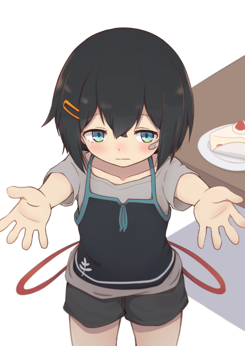 1girl bandaid bandaid_on_face black_hair blue_eyes cake commentary_request food hair_ornament hairclip hatafuta hug original pov pov_hug short_hair short_shorts shorts