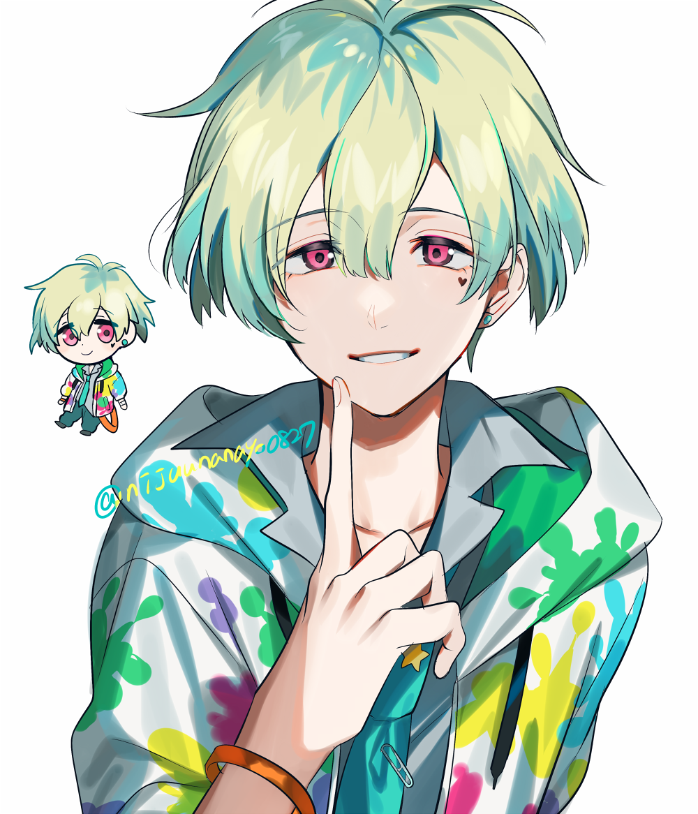 1boy blue_pants chibi commentary_request drawstring green_hair grey_shirt hair_between_eyes hanazono_momohito hand_up heart hood hood_down hooded_jacket idolmaster idolmaster_side-m index_finger_raised jacket looking_at_viewer male_focus multiple_views ninahachi open_clothes open_jacket paint_splatter pants purple_eyes shirt simple_background smile star_(symbol) tareme twitter_username white_background white_jacket