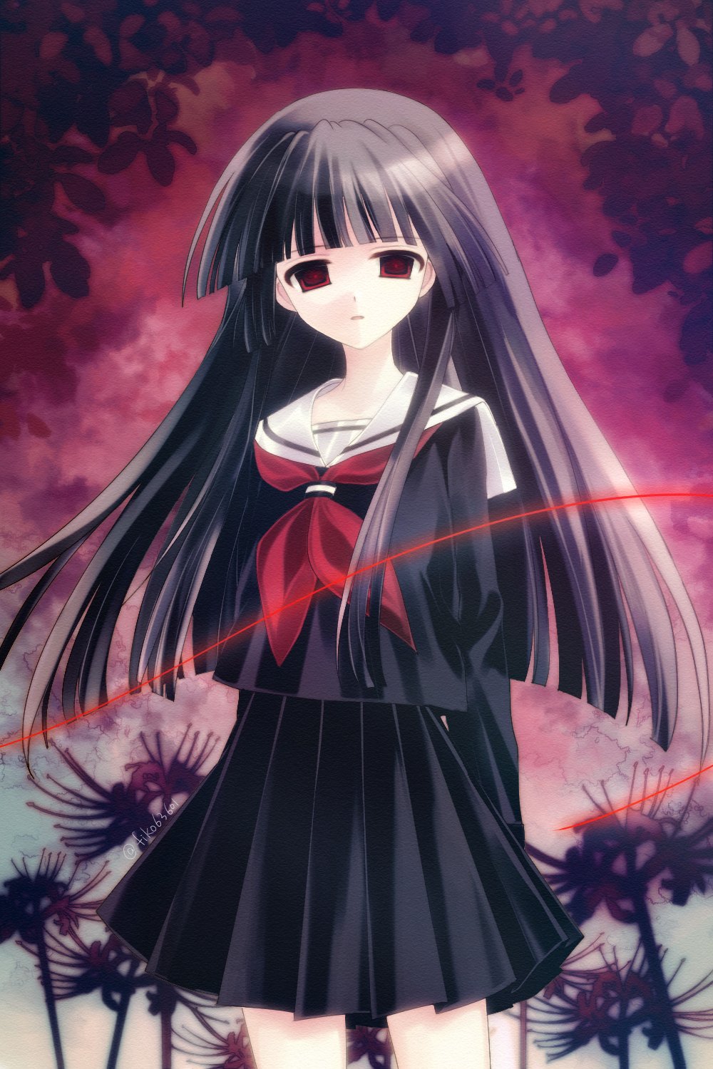 1girl black_hair black_serafuku black_shirt black_skirt cowboy_shot enma_ai flower hajang68 highres hime_cut jigoku_shoujo long_hair long_sleeves looking_at_viewer miniskirt neckerchief parted_lips pleated_skirt red_eyes red_neckerchief sailor_collar sailor_shirt school_uniform serafuku shirt skirt solo spider_lily standing string string_of_fate twitter_username white_sailor_collar