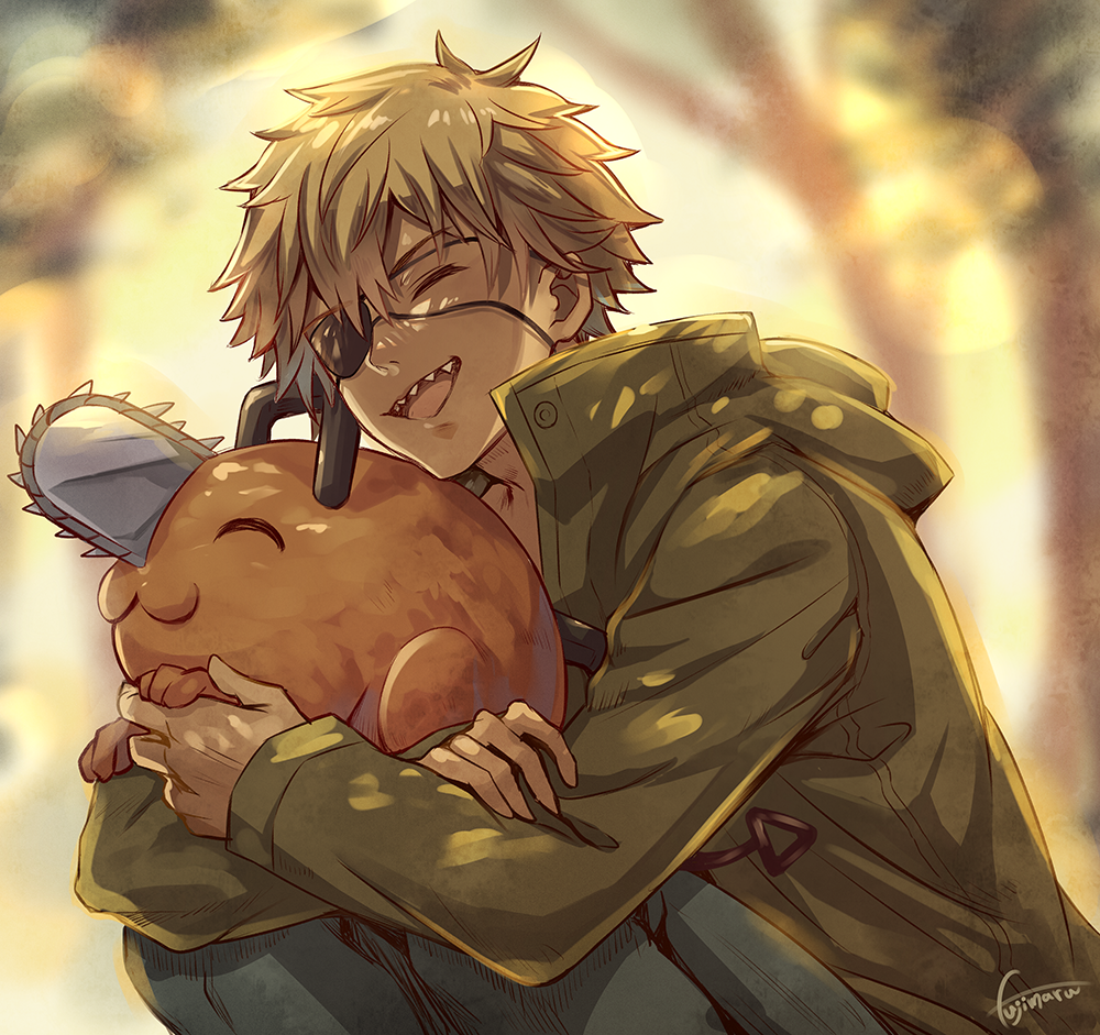 1boy artist_name blonde_hair chainsaw chainsaw_man closed_eyes coat creature crossed_arms denji_(chainsaw_man) eyepatch fujimaru_(green_sparrow) green_coat grey_pants hair_between_eyes holding holding_creature holding_hands hood hood_down hooded_coat hug long_sleeves male_focus open_mouth outdoors pants pochita_(chainsaw_man) sharp_teeth short_hair smile squatting teeth