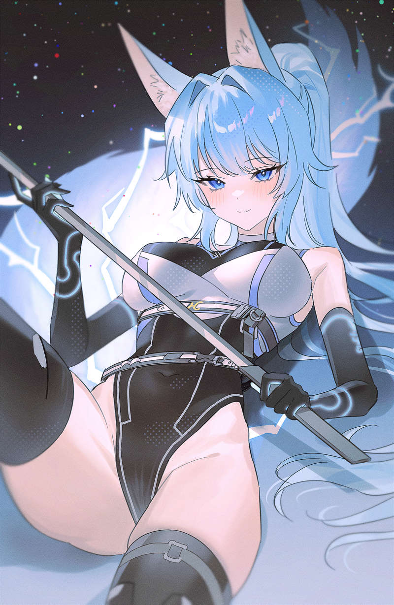 1girl animal_ears ass bare_shoulders belt black_gloves black_leotard black_thighhighs blue_eyes blue_hair breasts bright_pupils closed_mouth commission covered_navel crop_top elbow_gloves fox_ears fox_girl fox_tail fymrie gloves highleg highleg_leotard highres holding holding_sword holding_weapon large_breasts leotard lightning long_hair looking_at_viewer lying on_back original ponytail reclining shirt skindentation sleeveless sleeveless_shirt smile solo sword tail thighhighs thighs very_long_hair weapon white_shirt