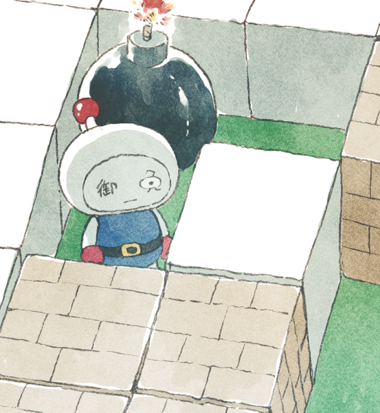 1boy artist_self-insert belt bomb bomberman chibi cosplay explosive expressionless gomennasai lit_fuse maze original solo white_bomberman white_bomberman_(cosplay)