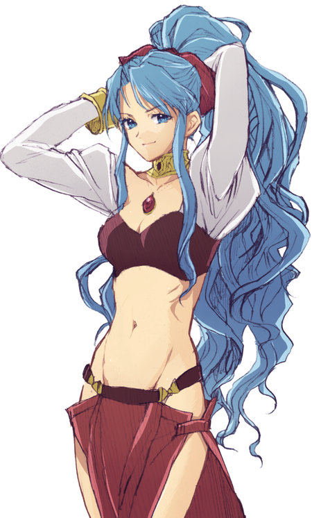 1girl blue_eyes blue_hair breasts chest_jewel cleavage closed_mouth commentary_request groin jewelry loincloth long_hair looking_at_viewer murata_tefu navel puyopuyo puyopuyo_n rulue_(puyopuyo) simple_background smile solo white_background
