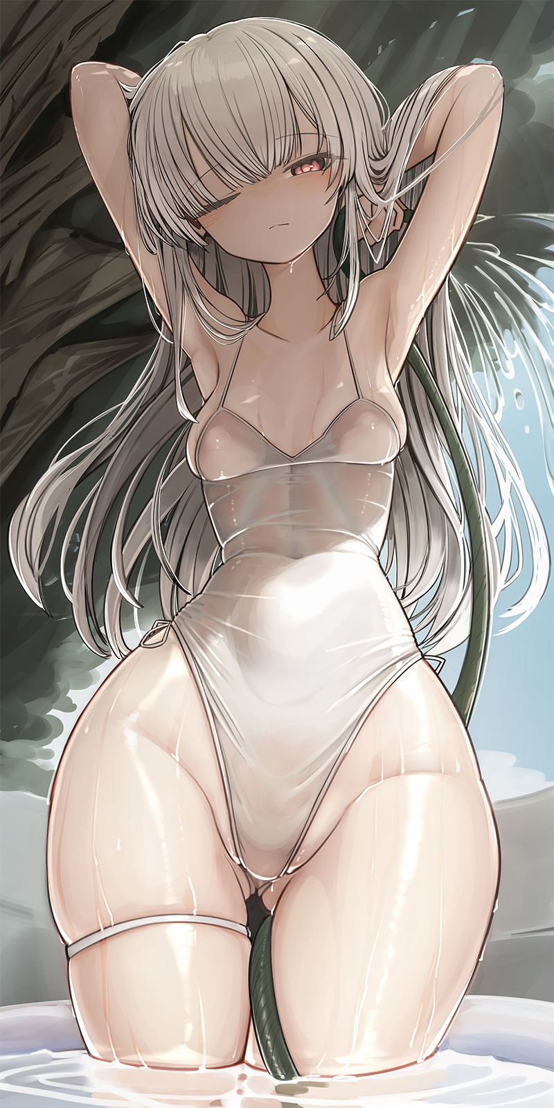 1girl arms_up breasts genek gluteal_fold grey_hair highleg highleg_one-piece_swimsuit highres holding holding_hose hose long_hair looking_at_viewer medium_breasts one-piece_swimsuit one_eye_closed original red_eyes solo standing swimsuit thigh_strap water white_one-piece_swimsuit