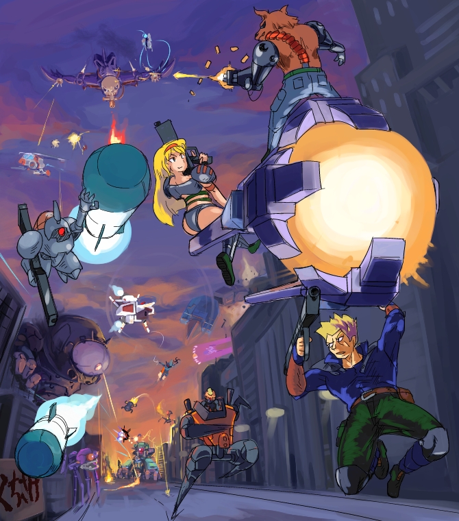1girl 4boys battle brad_fang browny bullet cloud contra contra_hard_corps deadeye_joe explosion ivatu missile multiple_boys outdoors ray_poward road robot sheena_etranzi sky street