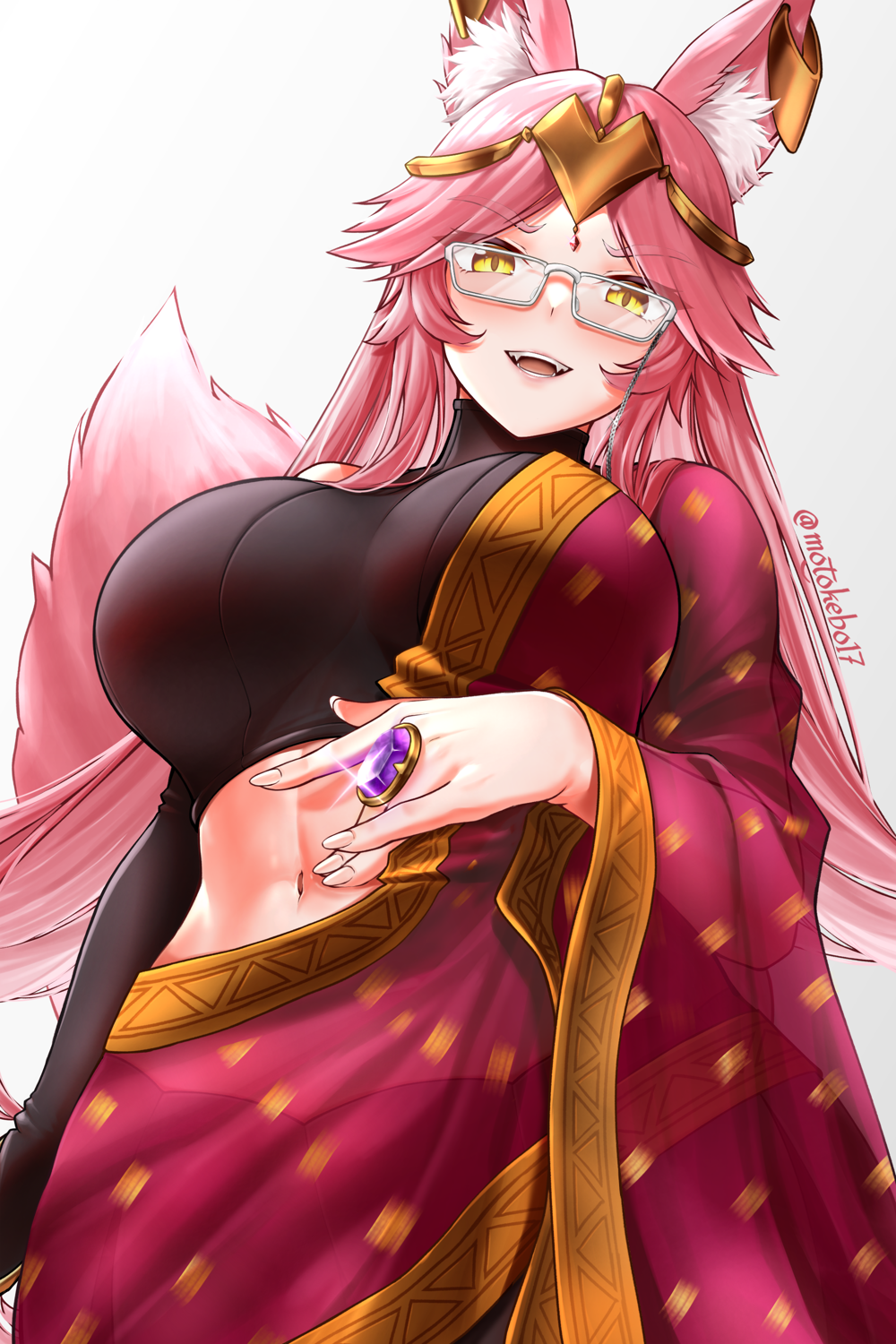 1girl animal_ears bare_shoulders black_shirt black_skirt blush breasts circlet crop_top detached_sleeves earrings fate/grand_order fate_(series) fox_ears fox_girl fox_tail gem glasses gold_trim highres indian_clothes jewelry koyanskaya_(fate) koyanskaya_(indian_lostbelt_outfit)_(fate) large_breasts long_hair looking_at_viewer motokebo17 open_mouth parted_bangs pink_hair ring sari shirt sidelocks skirt sleeveless sleeveless_shirt smile solo tail tamamo_(fate) veil very_long_hair yellow_eyes