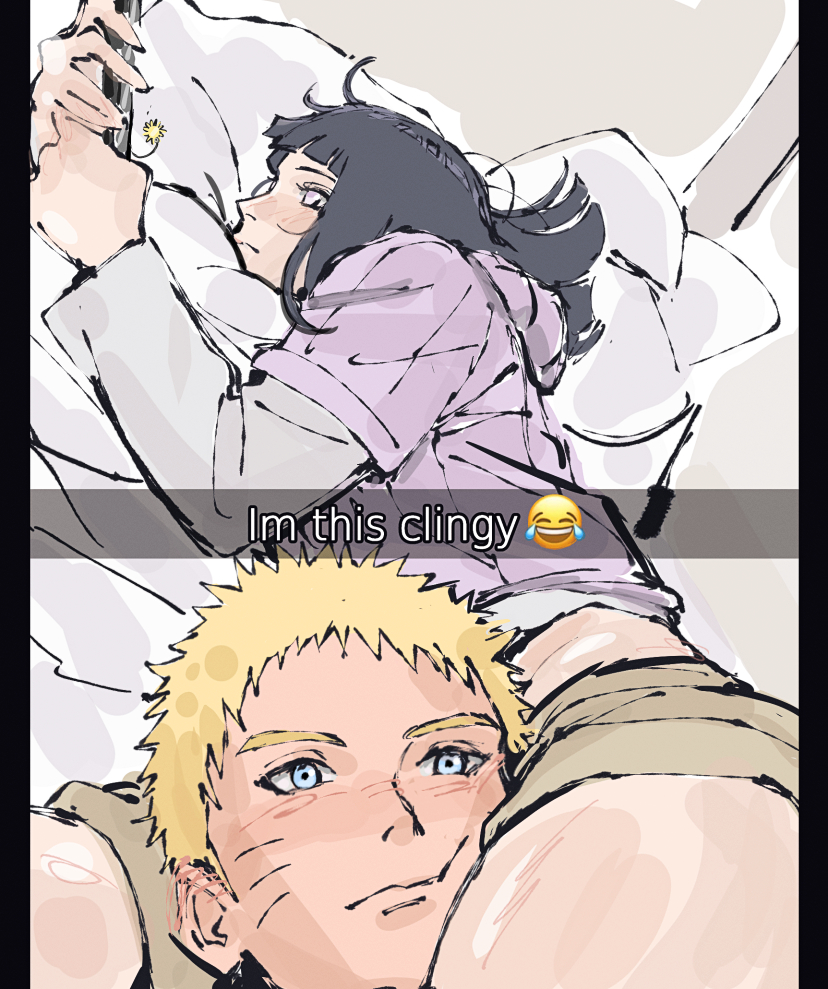 1boy 1girl beerenfuchs between_legs black_hair blonde_hair blue_eyes blush boruto:_naruto_next_generations cellphone couple emoji english_text facial_mark fake_phone_screenshot fake_screenshot head_between_thighs hetero holding holding_phone husband_and_wife hyuuga_hinata looking_at_phone naruto_(series) phone selfie short_hair smartphone smile snapchat thighs uzumaki_naruto