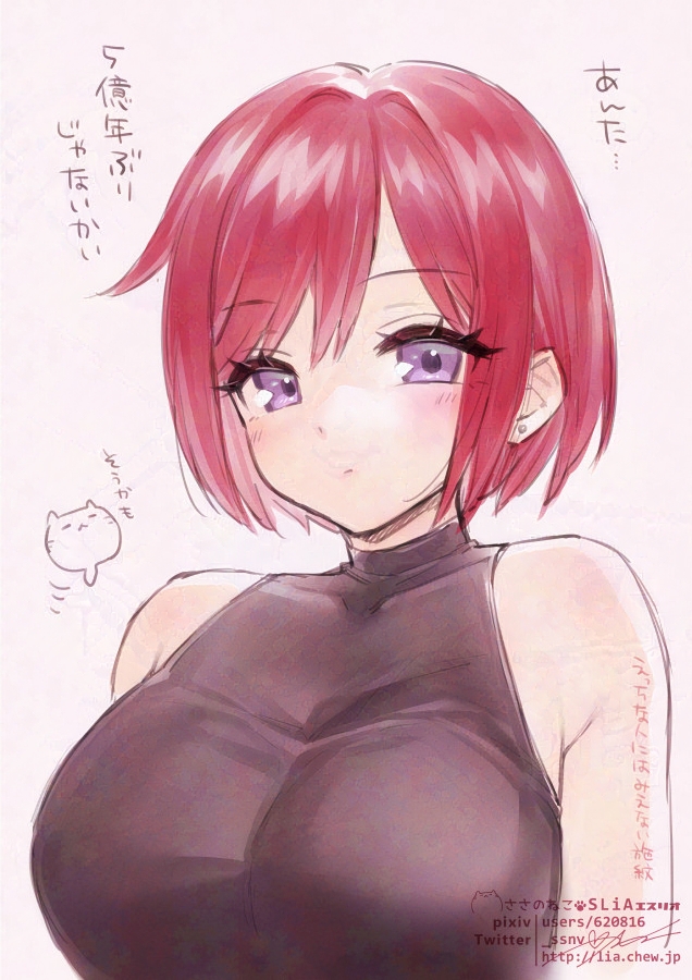 1girl adversarial_noise breasts closed_mouth earrings jewelry large_breasts looking_at_viewer nel_zelpher purple_eyes red_hair sasanoneko short_hair simple_background single_earring sleeveless solo star_ocean star_ocean:_till_the_end_of_time watermark