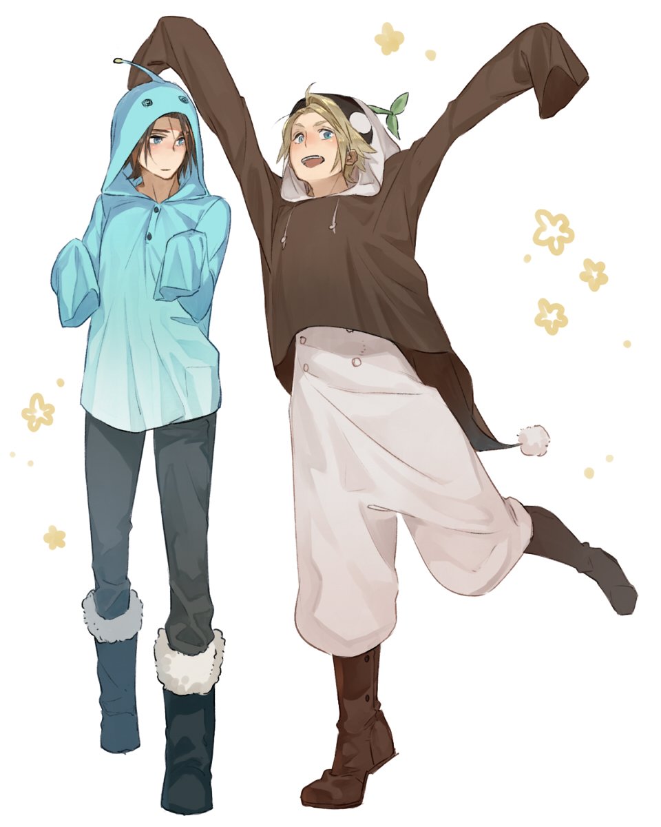 2boys alternate_costume arms_up baggy_clothes baggy_pants black_footwear black_pants blonde_hair blue_eyes blue_hoodie boots brown_footwear brown_hair brown_hoodie buttons cosplay dissidia_final_fantasy expressionless final_fantasy final_fantasy_viii final_fantasy_xii fur-trimmed_boots fur_trim hands_up happy highres hood hoodie long_sleeves male_focus mandragora multiple_boys nini_tw99 open_mouth pants pupu_(ff8) scar scar_on_face scar_on_forehead short_hair simple_background sleeves_past_fingers sleeves_past_wrists smile squall_leonhart vaan_(ff12) very_long_sleeves walking white_background