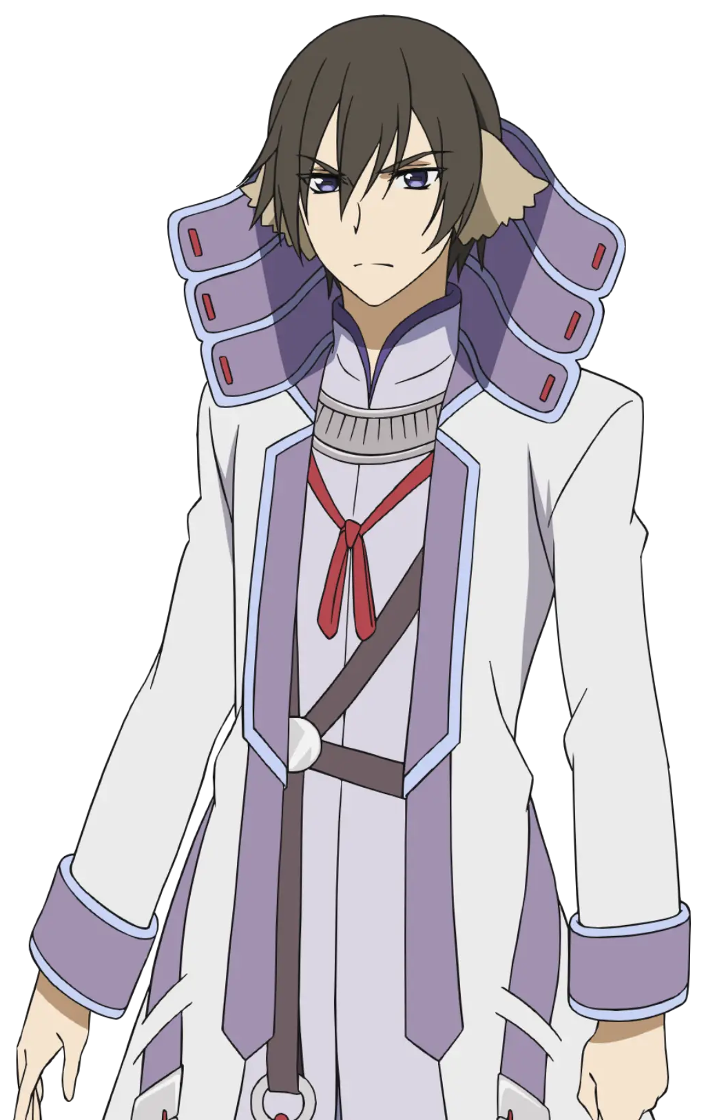 1boy animal_ears aquaplus brown_hair closed_mouth coat cowboy_shot eyes_visible_through_hair hair_over_one_eye highres long_sleeves nakata_masahiko official_art purple_eyes raiko_(utawarerumono) short_hair sidelocks solo utawarerumono utawarerumono:_futari_no_hakuoro utawarerumono:_itsuwari_no_kamen white_fox_(company)