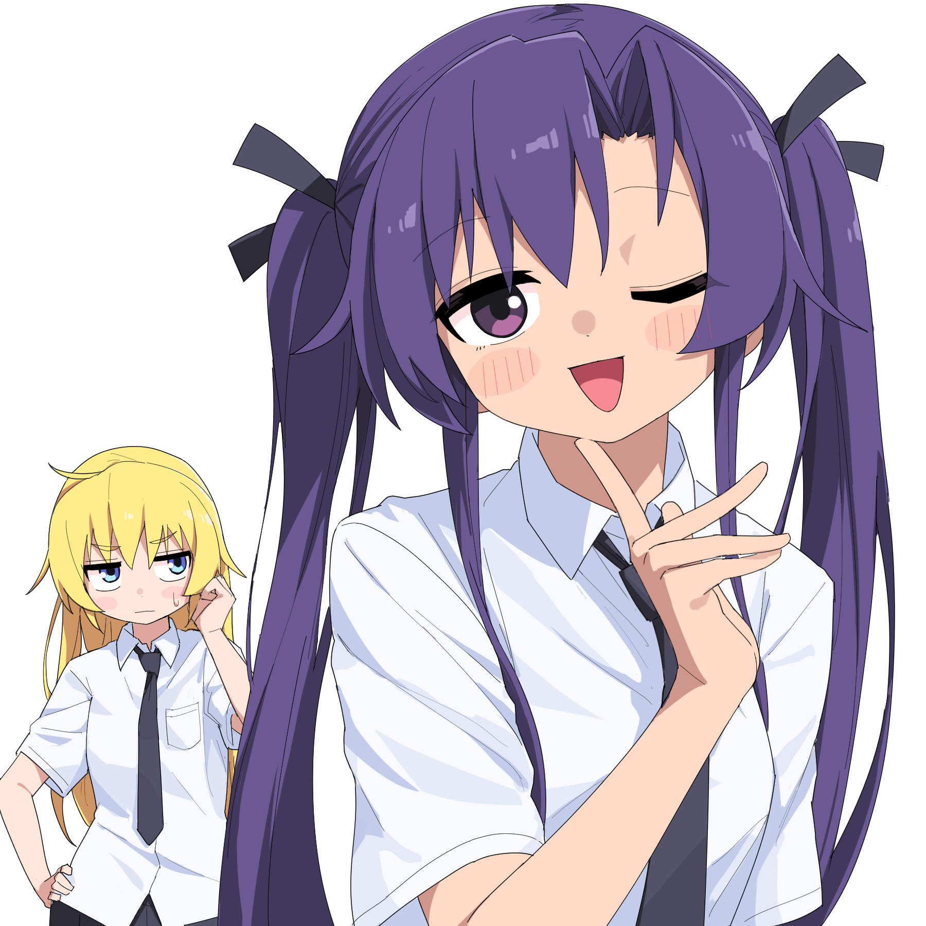 2girls alternate_hairstyle black_necktie black_ribbon blonde_hair blue_eyes blush breasts closed_mouth collared_shirt goshiki_agiri hair_ribbon hairstyle_switch hand_on_own_hip highres kill_me_baby long_hair looking_at_viewer multiple_girls necktie one_eye_closed open_mouth purple_eyes purple_hair ribbon shirt short_sleeves sidelocks simple_background sonya_(kill_me_baby) twintails white_background white_shirt yachima_tana