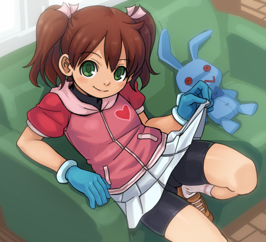 1girl bike_shorts bike_shorts_under_skirt blue_gloves blush brown_hair clothes_lift couch female_focus gloves green_eyes green_upholstery saru_getchu sayaka_(saru_getchu) short_twintails shorts shorts_under_skirt sitting skirt skirt_lift socks solo stuffed_animal stuffed_rabbit stuffed_toy stupa13a twintails
