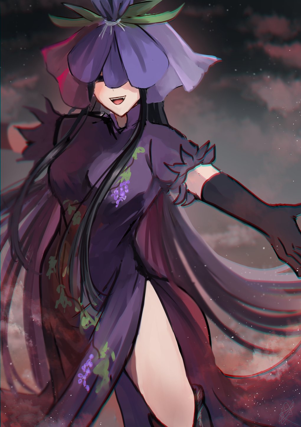 1girl black_eyes black_gloves black_hair dress elbow_gloves food_print fruit_print gloves grape_print hat highres khylimei long_hair open_mouth outstretched_arms purple_dress purple_hat sidelocks signature smile solo spread_arms touhou unfinished_dream_of_all_living_ghost yomotsu_hisami