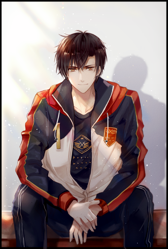 1boy aguaaaaaa black_border black_hair black_jacket black_pants black_shirt border chinese_commentary hood hood_down hooded_jacket jacket light_particles long_sleeves looking_at_viewer male_focus multicolored_jacket open_clothes open_jacket outside_border own_hands_together pants quan_zhi_gao_shou shadow shirt short_hair sitting smile solo white_jacket ye_xiu yellow_eyes
