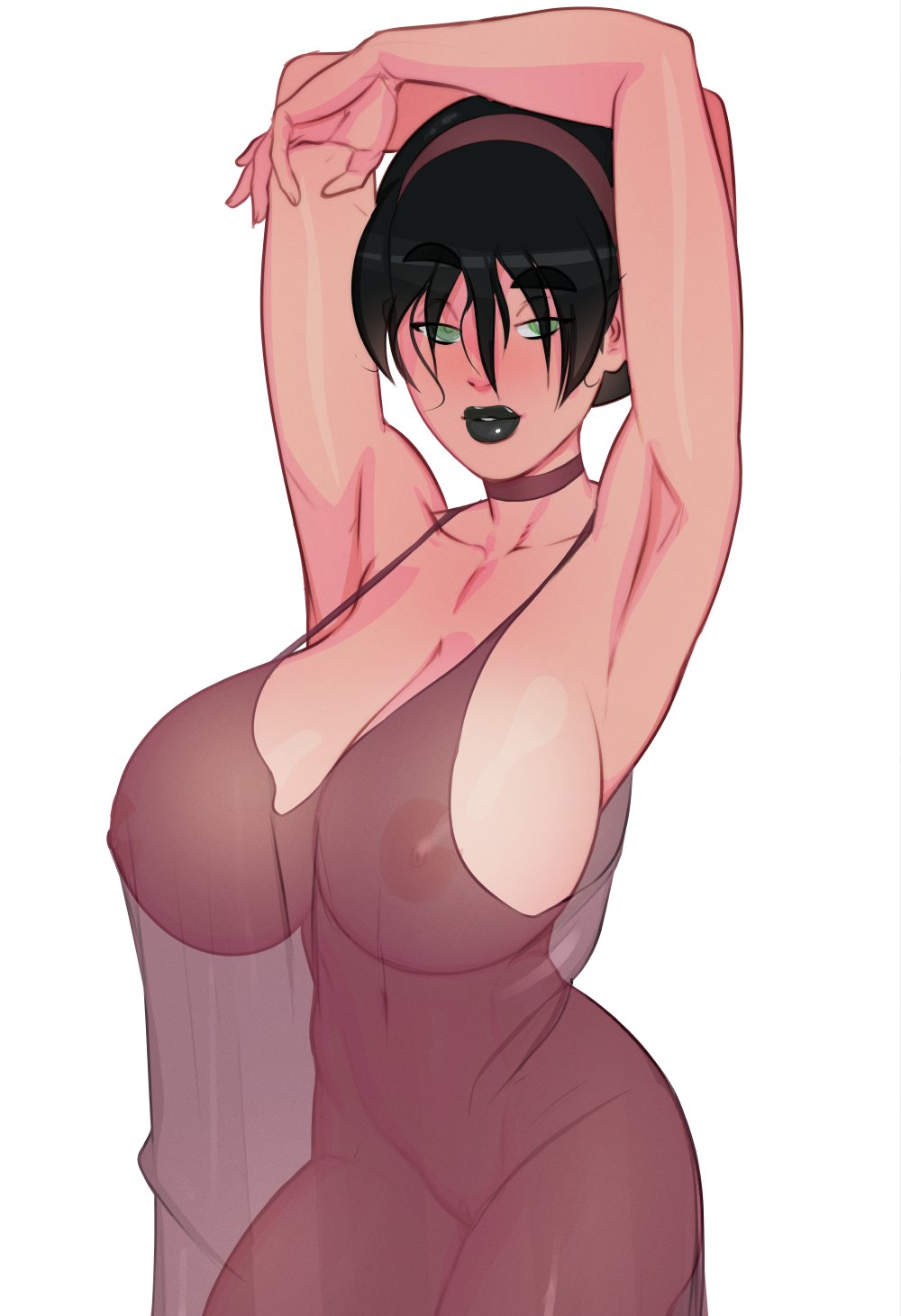 1girl avatar:_the_last_airbender avatar_legends black_hair blind breasts choker highres huge_breasts lipstick makeup morganagod nightgown nipples see-through_clothes thick_thighs thighs toph_beifong