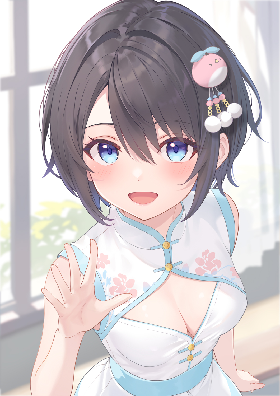 1girl bare_shoulders belt black_hair blue_belt blurry blurry_background blush breasts china_dress chinese_clothes cleavage cleavage_cutout clothing_cutout dress floral_print hair_between_eyes hair_ornament highres looking_at_viewer medium_breasts open_mouth original rebun short_hair sleeveless smile solo window