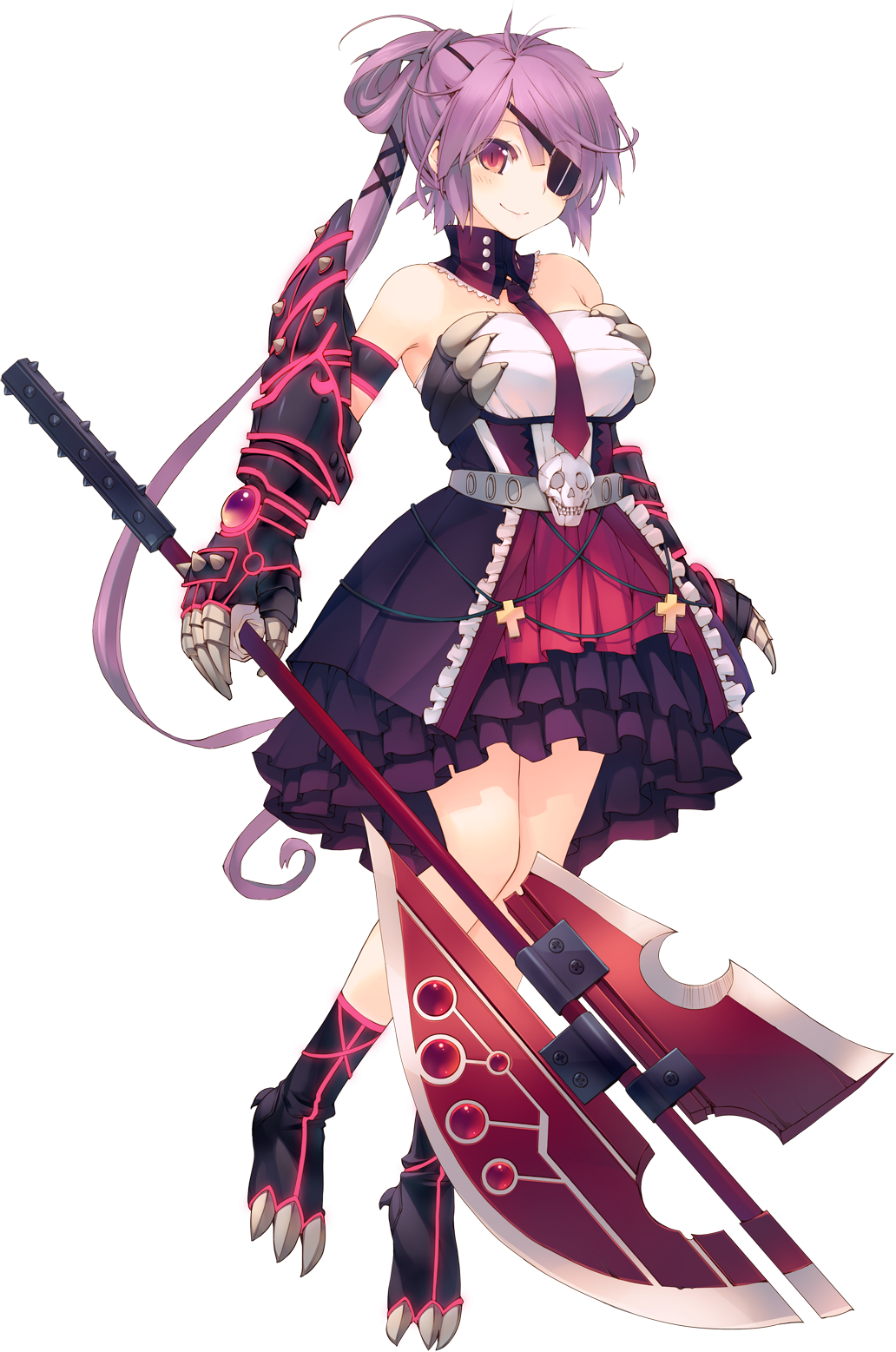 1girl amazuyu_tatsuki aquaplus armor axe detached_collar dress dungeon_travelers_2 eyepatch female_focus full_body greaves highres holding holding_axe houzouji_yae jewelry kokonoka long_hair looking_at_viewer necklace ponytail purple_hair red_eyes smile solo transparent_background