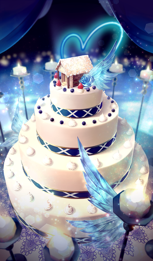 blue_flower blue_rose blue_theme blueberry cake candle candlestand candy chocolate chocolate_bar commentary dessert fate/grand_order fate_(series) fire flower food food_art food_focus fruit hayosena heart hexagon light_particles no_humans non-circular_lens_flare official_art rose still_life strawberry third-party_source wedding_cake whipped_cream white_chocolate