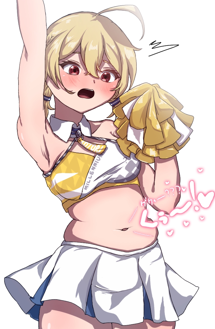 1girl ahoge arm_up belly blonde_hair blue_archive blush breasts cheerleader commentary hair_between_eyes holding holding_pom_poms hungry kamatani_ranger kotori_(blue_archive) kotori_(cheer_squad)_(blue_archive) medium_breasts millennium_cheerleader_outfit_(blue_archive) navel open_mouth plump pom_pom_(cheerleading) pom_poms red_eyes short_twintails skirt stomach_growling surprised twintails