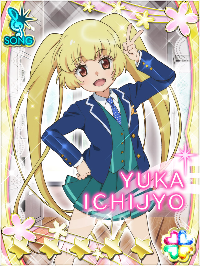 1girl :d akb0048 arm_up blazer blonde_hair blue_jacket blue_necktie brown_eyes card_(medium) character_name collared_shirt entrance feet_out_of_frame getabako green_jacket green_skirt hand_on_own_hip heart ichijou_yuuka indoors jacket kneehighs long_hair long_sleeves looking_at_viewer necktie non-web_source official_art open_clothes open_jacket open_mouth pleated_skirt polka_dot_necktie school school_uniform shirt skirt smile socks solo sparkle standing star_(symbol) twintails v very_long_hair white_shirt white_socks