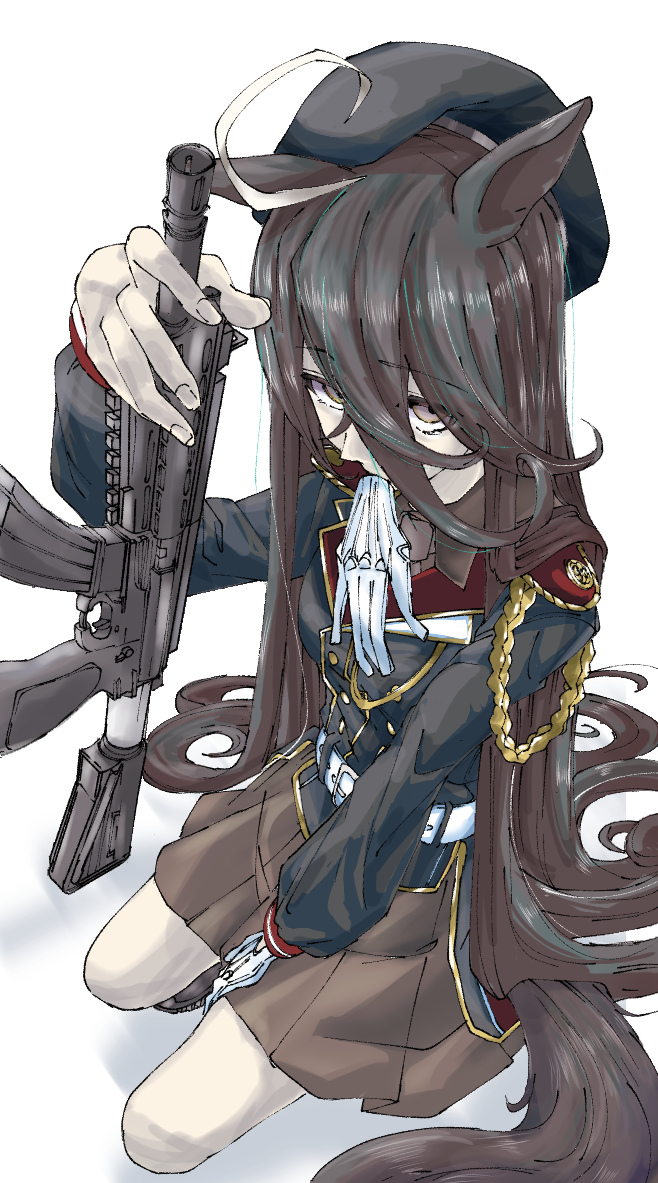 1girl ahoge ar-15 assault_rifle belt beret black_hair black_hat black_jacket brown_shirt collared_shirt expressionless glove_in_mouth gloves grey_shirt gun hair_between_eyes hair_flowing_over hat hibi_kome_kami holding holding_weapon horse_girl jacket long_bangs long_hair long_hair_between_eyes long_sleeves looking_at_viewer manhattan_cafe_(umamusume) military_hat military_uniform mouth_hold pleated_skirt red_eyes rifle shirt short_hair simple_background skirt solo umamusume very_long_hair weapon white_background white_belt white_gloves white_hair