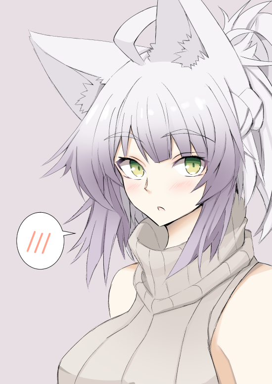 1girl ahoge animal_ears atalanta_(fate) atalanta_alter_(fate) bare_shoulders beige_sweater blush breasts cat_ears commentary_request fate_(series) female_focus green_eyes grey_background large_breasts long_hair looking_at_viewer multicolored_hair nahu simple_background solo sweater turtleneck turtleneck_sweater two-tone_hair white_hair
