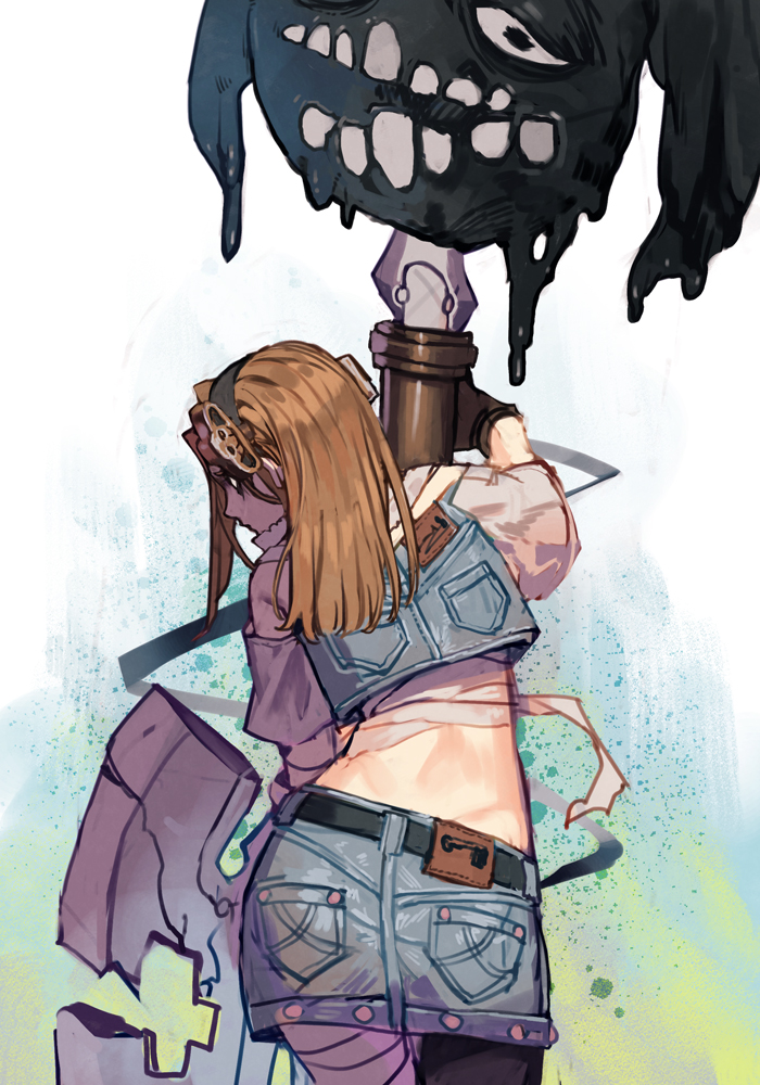 1girl a.b.a ass back bags_under_eyes bandaged_arm bandages belt black_hairband blonde_hair denim denim_skirt denim_vest from_behind gloves guilty_gear guilty_gear_strive hairband holding holding_key hungry_clicker key long_hair midriff object_through_head official_alternate_color paint_splatter paracelsus_(guilty_gear) pocket skirt teeth