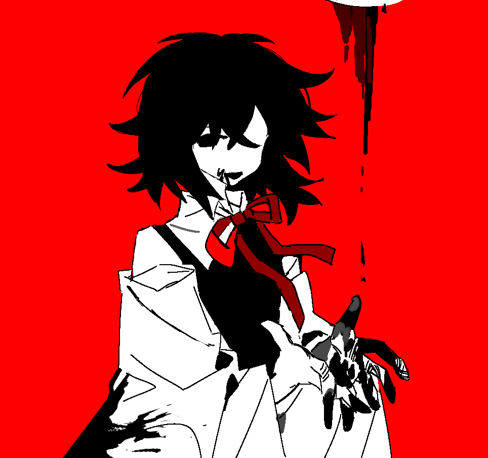 1other androgynous bare_shoulders black_coat black_eyes black_hair bow bowtie chinese_commentary coat collared_shirt commentary_request detached_sleeves dirty_hands dripping enraku_tsubakura ink ink_splatter len&#039;en limited_palette liquid_from_mouth long_sleeves no_headwear open_mouth outstretched_arms red_background red_bow red_bowtie shirt short_hair sleeveless sleeveless_coat sleeveless_shirt smile tiankong_yiji upper_body white_shirt white_sleeves wide_sleeves