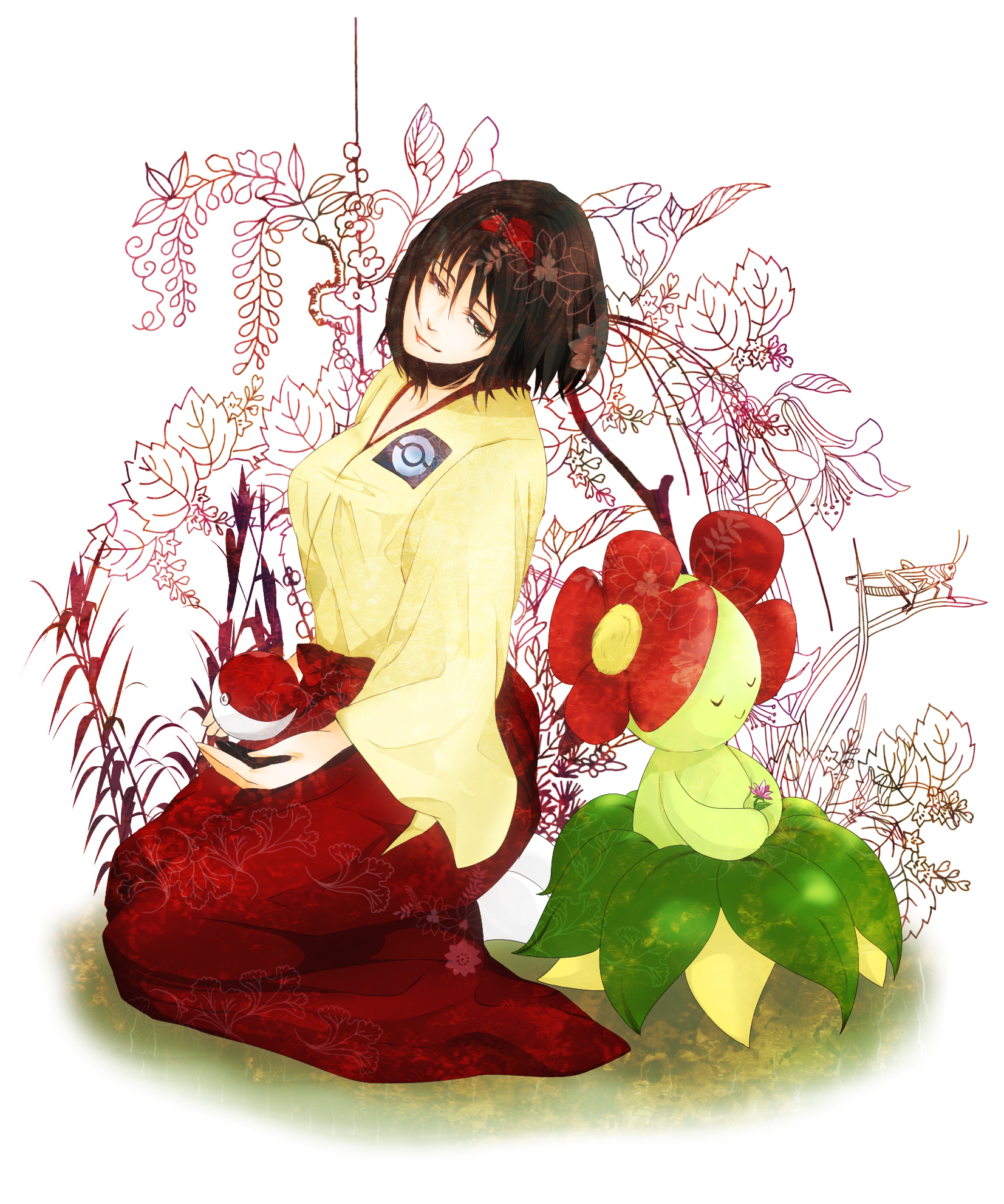 00s 1girl acm ashima015 bad_id bad_pixiv_id bellossom black_hair bug erika_(pokemon) flower gen_2_pokemon grasshopper green_eyes gym_leader headband highres holding holding_flower insect japanese_clothes kimono nintendo poke_ball pokemon pokemon_(creature) pokemon_frlg smile