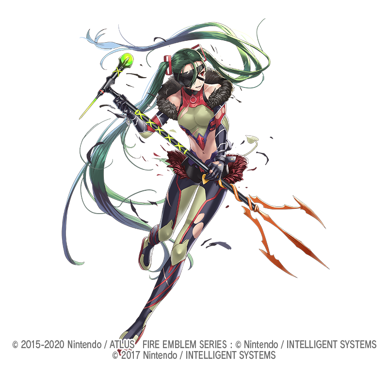 1girl boots breasts cleavage copyright_notice cuboon eyepatch fire_emblem fire_emblem_heroes full_body fur-trimmed_boots fur_trim gloves green_hair kurono_kiria long_hair microphone microphone_stand midriff navel nintendo official_art red_eyes solo teeth thigh_boots thighhighs tokyo_mirage_sessions_fe torn_boots torn_clothes twintails white_background