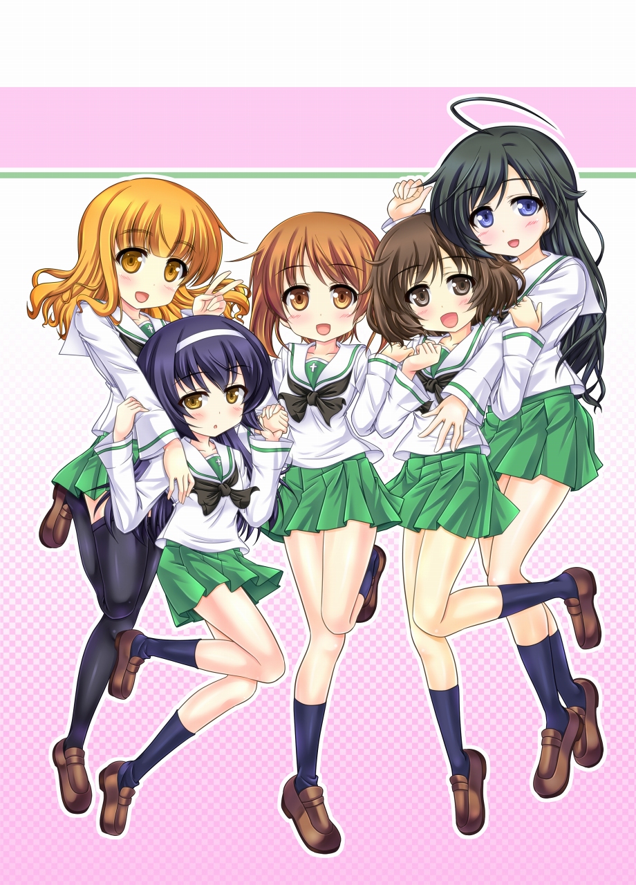 10s 5girls ahoge akiyama_yukari black_hair black_legwear blouse blue_eyes blue_hair blush brown_eyes brown_hair girls_und_panzer green_skirt hairband highres holding_hands isuzu_hana leg_up loafers long_hair long_sleeves looking_at_viewer messy_hair military military_vehicle miniskirt motor_vehicle multiple_girls murasaki_atsushi neckerchief nishizumi_miho ooarai_school_uniform open_mouth orange_eyes orange_hair panzer_iv pleated_skirt reizei_mako school_uniform serafuku shirt shoes short_hair skirt smile socks standing takebe_saori tank thighhighs v vehicle white_shirt