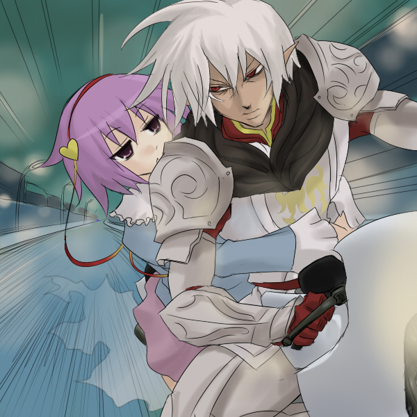 1boy 1girl armor blue_shirt buront final_fantasy final_fantasy_xi frilled_shirt_collar frilled_sleeves frills hair_ornament heart heart_hair_ornament holding_another&#039;s_waist komeiji_satori lamppost motion_lines motor_vehicle motorcycle night on_motorcycle oro_(zetsubou_girl) pink_hair red_eyes riding shirt speed_lines the_iron_of_yin_and_yang touhou white_hair wide_sleeves