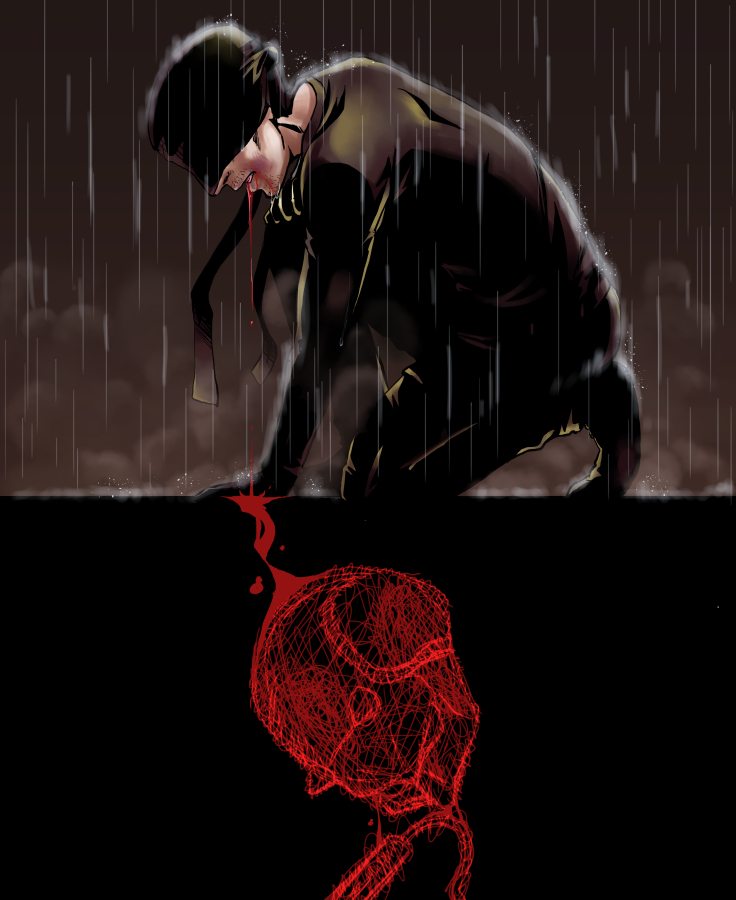 1boy aona_(anagasaki) blindfold blood blood_in_mouth daredevil daredevil_(netflix) daredevil_(series) kneeling male_focus marvel marvel_cinematic_universe mask mathew_murdock rain solo superhero_costume
