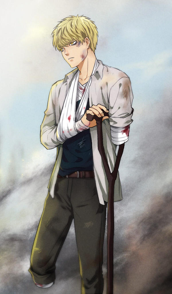 1boy amputee bandages belt blonde_hair blood bruise crutch double_amputee genos humanization injury male_focus one-punch_man personification short_hair solo yellow_eyes