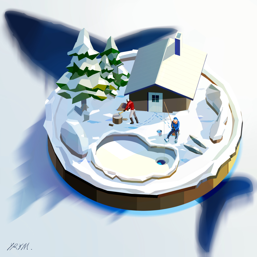 2boys archer_(fate) blue_hair blue_jacket cabin chopping commentary crimo cu_chulainn_(fate) fate/stay_night fate_(series) faux_figurine fishing fishing_rod footprints grey_pants holding holding_fishing_rod house ice_fishing jacket lumberjack multiple_boys orange_scarf pants pine_tree pond red_jacket scarf short_hair sitting tree white_hair winter
