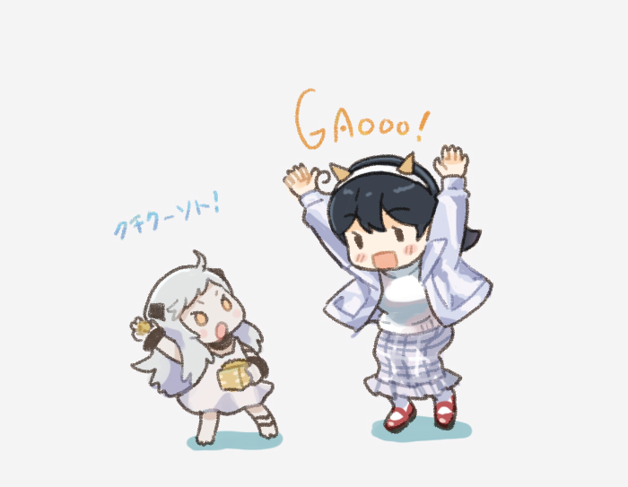2girls arms_up black_hair box cone_horns dress hairband horns jacket kantai_collection long_skirt multiple_girls northern_little_sister official_alternate_costume open_mouth plaid_clothes plaid_skirt saiguchi_otoufu setsubun simple_background skirt solid_oval_eyes standing sweater ushio_(kancolle) ushio_kai_ni_(kancolle) ushio_kai_ni_(setsubun)_(kancolle) white_background white_dress white_hair white_hairband white_jacket white_sweater yellow_eyes