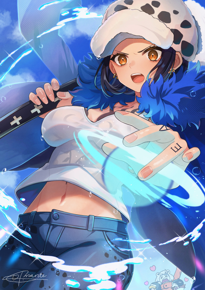 arm_tattoo canon_genderswap cape chest_tattoo denim facial_hair feather_coat finger_tattoo fur_cape fur_hat genderswap genderswap_(mtf) goatee hachimitsu_monte hand_tattoo hat leopard_print jeans one_piece panther_print pants tattoo trafalgar_law trafalgar_law_(female)