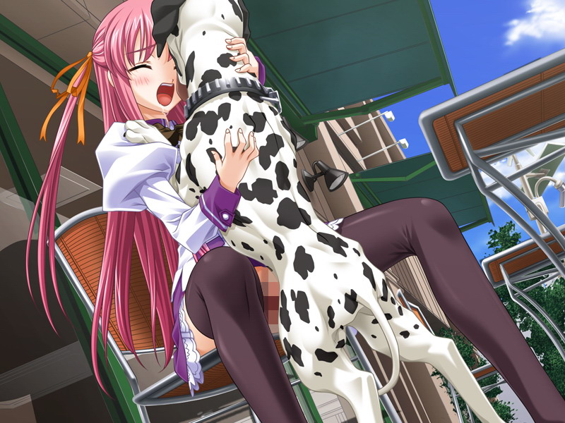 1girl aihara_sarina bestiality blush censored chair closed_eyes dalmatian day delta_(delta0127) dog drooling dutch_angle female_focus juliet_sleeves leo_(shiiku_hakusho) long_hair long_sleeves mosaic_censoring open_mouth outdoors pink_hair puffy_sleeves school_uniform sex shiiku_hakusho sitting spread_legs table thighhighs two_side_up vaginal