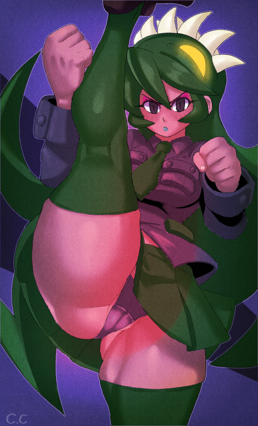 1girl blush brown_eyes champchidi clenched_hands cowboy_shot dark-skinned_female dark_skin eyeshadow facing_viewer frown fukua_(skullgirls) glowing glowing_eyes gluteal_fold green_hair green_lips highres kicking leg_up lips lipstick long_hair looking_at_viewer makeup necktie panties partially_visible_vulva pleated_skirt purple_background school_uniform shamone_(skullgirls) skirt skullgirls solo thick_thighs thighhighs thighs underwear upskirt wide_hips yellow_eyes