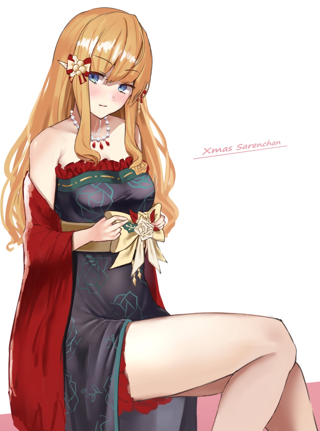 1girl bad_id bad_twitter_id blonde_hair blue_eyes blush bow breasts elf english_text from_side hair_bow hair_ornament highres large_breasts long_hair looking_at_viewer pointy_ears princess_connect! saren_(christmas)_(princess_connect!) saren_(princess_connect!) solo yasushi_(n0t_0t4ku)