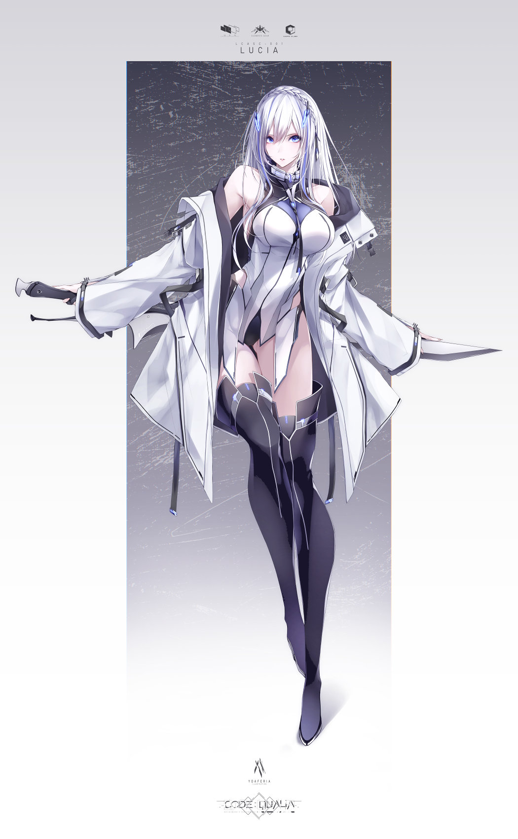 1girl android artist_name bare_shoulders black_boots black_neckwear blue_eyes boots braid breasts character_name coat code:qualia commentary_request copyright_name crown_braid full_body hair_ornament highres holding holding_sword holding_weapon leg_up leotard long_hair long_sleeves looking_at_viewer lucia_(code:qualia) off_shoulder silver_hair single_braid sleeves_past_wrists solo standing sword thigh_boots thighhighs weapon white_coat yoaferia
