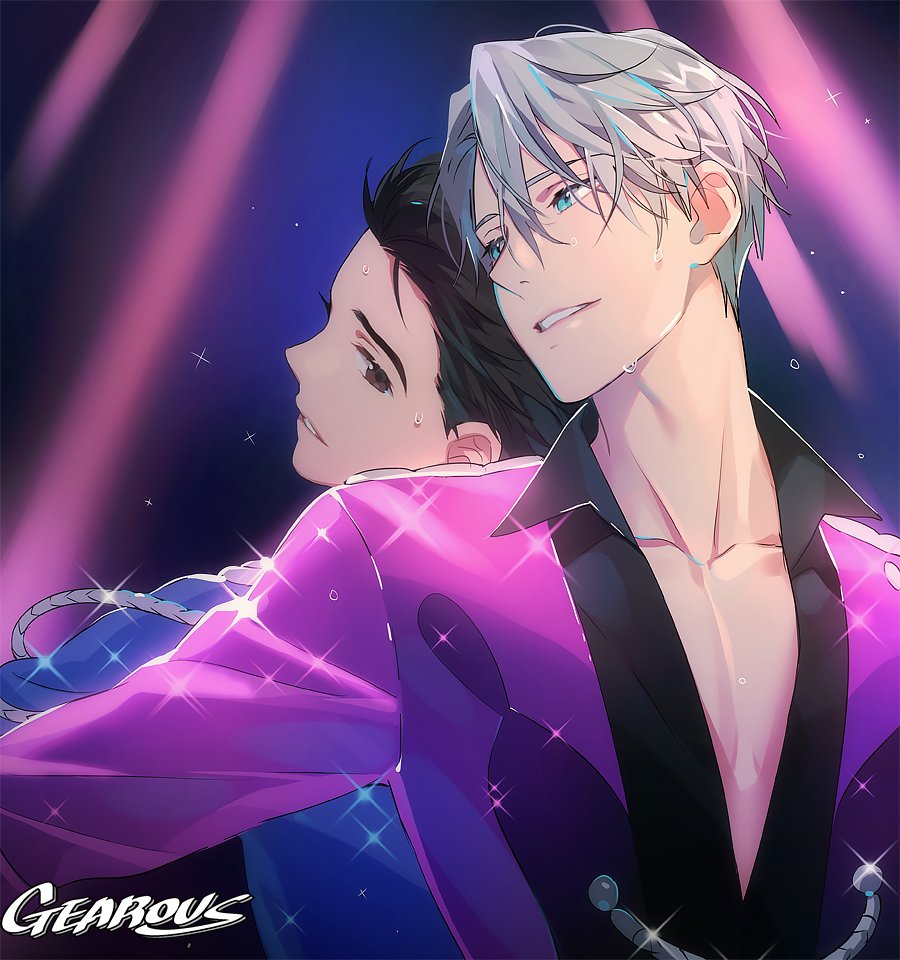2boys artist_name back-to-back black_hair blue_eyes blue_shirt brown_eyes collared_shirt gearous grey_hair hair_slicked_back katsuki_yuuri male_focus multiple_boys open_clothes open_shirt parted_lips profile purple_skirt shirt skirt smile sparkle spotlight sweat upper_body viktor_nikiforov yaoi yuri!!!_on_ice