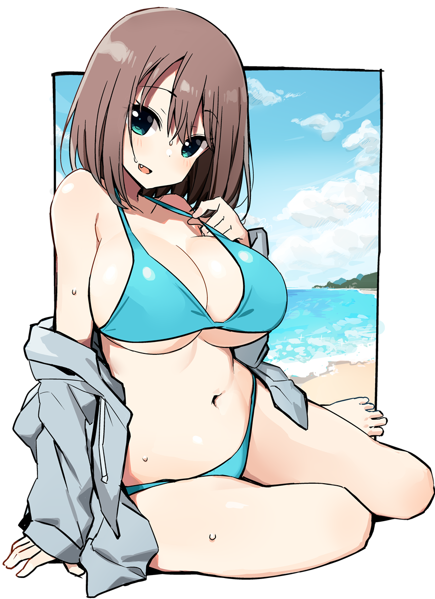 1girl barefoot beach bikini blue_bikini breasts brown_hair cleavage collarbone day drawstring fang female_focus full_body green_eyes grey_jacket hair_ornament hairclip highres hood hooded_jacket hoodie jacket large_breasts looking_at_viewer navel open_mouth saki_(manga) shisoneri short_hair sitting solo swimsuit unozawa_shiori yokozuwari
