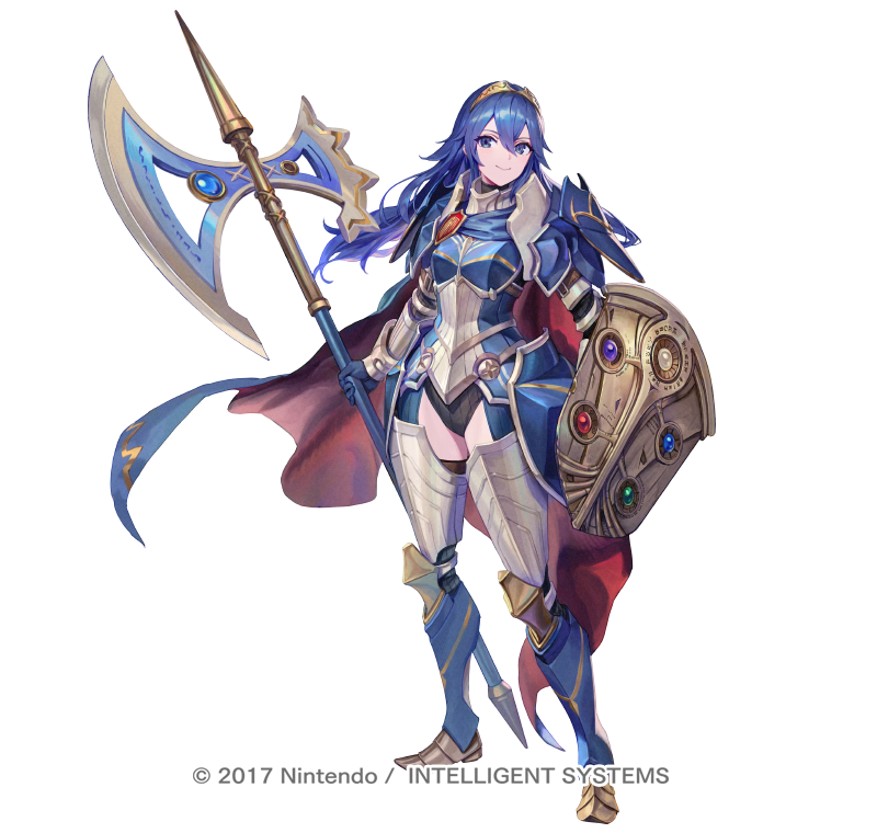 1girl armor axe black_leotard blue_cape blue_eyes blue_hair brand_of_the_exalt cape copyright_notice crest family_crest fire_emblem fire_emblem_awakening fire_emblem_heroes gesoking holding holding_axe holding_shield leotard long_hair lucina_(fate&#039;s_resolve)_(fire_emblem) lucina_(fire_emblem) nintendo no_pants official_alternate_costume official_art red_cape shield solo tiara white_background