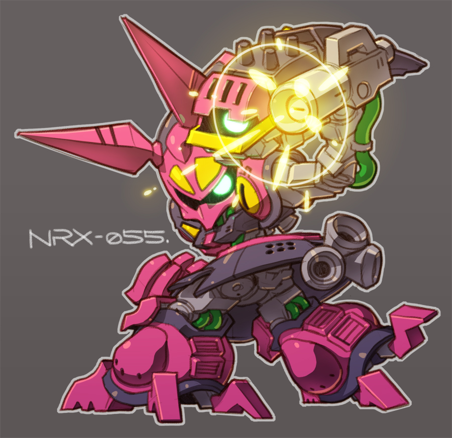 baund_doc chibi from_behind glowing glowing_eyes green_eyes grey_background gundam looking_at_viewer looking_back mecha mobile_suit no_humans robot science_fiction solo susagane walking zeta_gundam