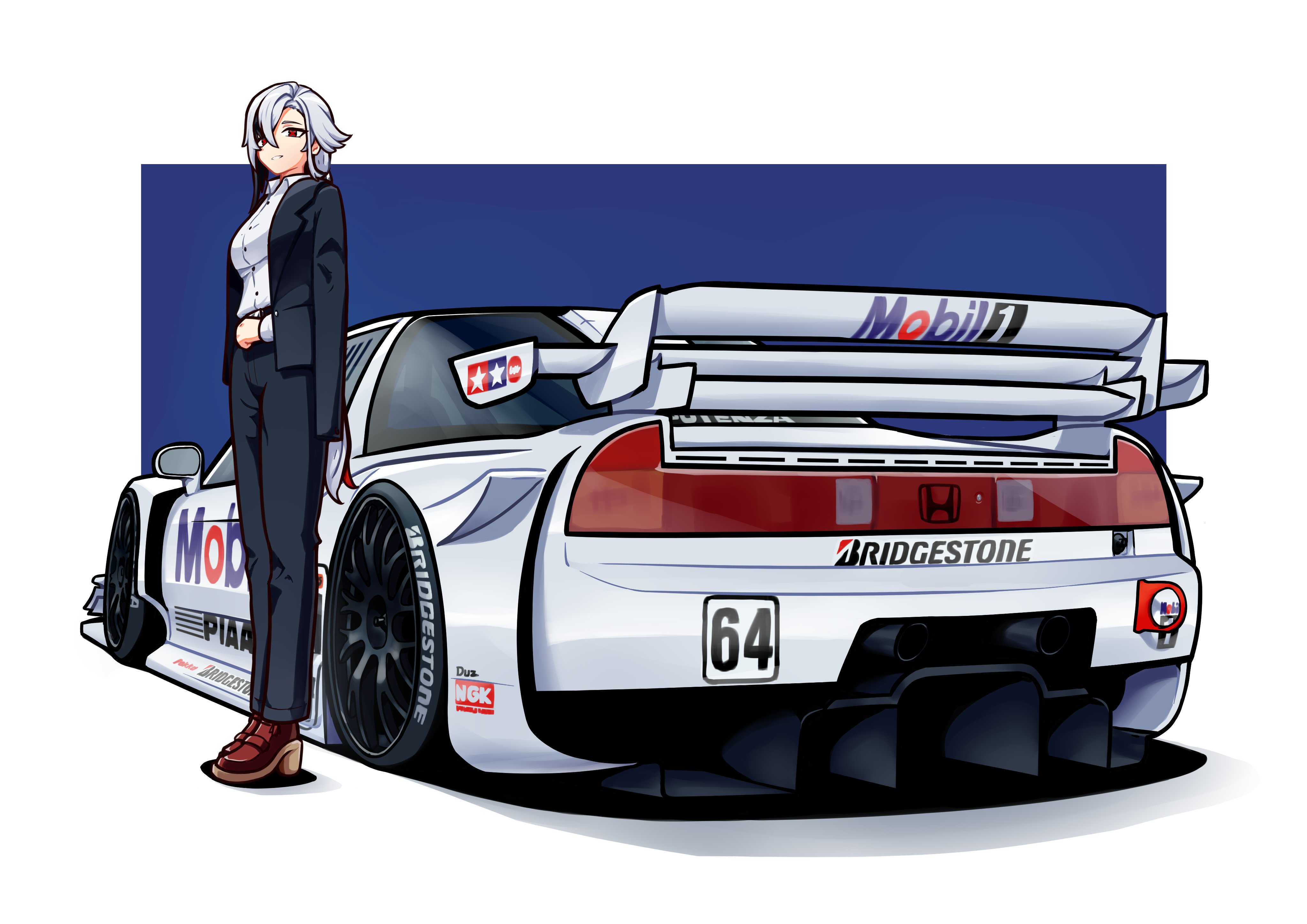 1girl absurdres arlecchino_(genshin_impact) black_hair black_jacket black_pants blue_background boots border breasts bridgestone brown_footwear car collared_shirt commentary duz english_commentary genshin_impact grey_hair hair_over_one_eye high_heel_boots high_heels highres honda honda_nsx jacket jacket_on_shoulders logo looking_at_viewer medium_breasts mobil1 motor_vehicle multicolored_hair one_eye_covered pants piaa race_vehicle racecar red_eyes shirt short_hair smile spoiler_(automobile) sponsor streaked_hair super_gt tamiya_incorporated vehicle_focus white_border white_car white_shirt
