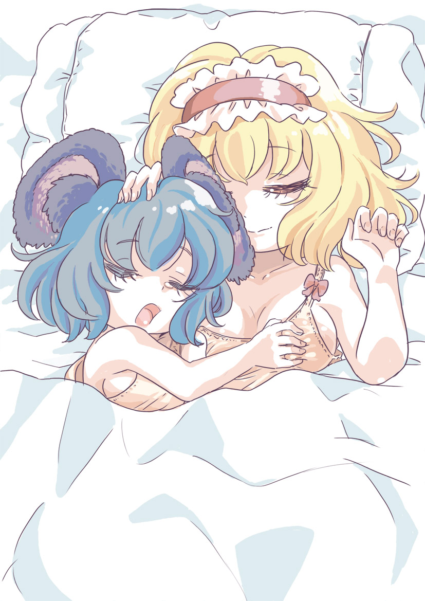 1boy 2girls alice_margatroid animal_ears bed blonde_hair bra breasts closed_mouth commentary_request cookie_(touhou) frilled_hairband frills grabbing_another&#039;s_breast grey_hair groping hairband ichigo_(cookie) medium_breasts mouse_ears mouse_girl multiple_girls nazrin nyon_(cookie) open_mouth pillow pink_bra red_hairband shared_blanket short_hair sleeping touhou tsuzuchii under_covers underwear upper_body yuri