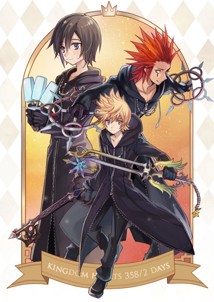 1girl 2boys aqua_eyes axel_(kingdom_hearts) black_footwear black_gloves black_hair black_pants black_robe blonde_hair blue_eyes cowboy_shot dual_wielding facial_mark fighting_stance full_body gloves hair_between_eyes hair_slicked_back holding holding_food holding_ice_cream holding_weapon hood hood_down hooded_robe ice_cream ice_cream_bar keyblade kingdom_hearts kingdom_hearts_358/2_days medium_hair multiple_boys pants parted_lips red_hair robe roxas short_hair sideburns smile spiked_hair weapon xion_(kingdom_hearts) yurichi_(artist)
