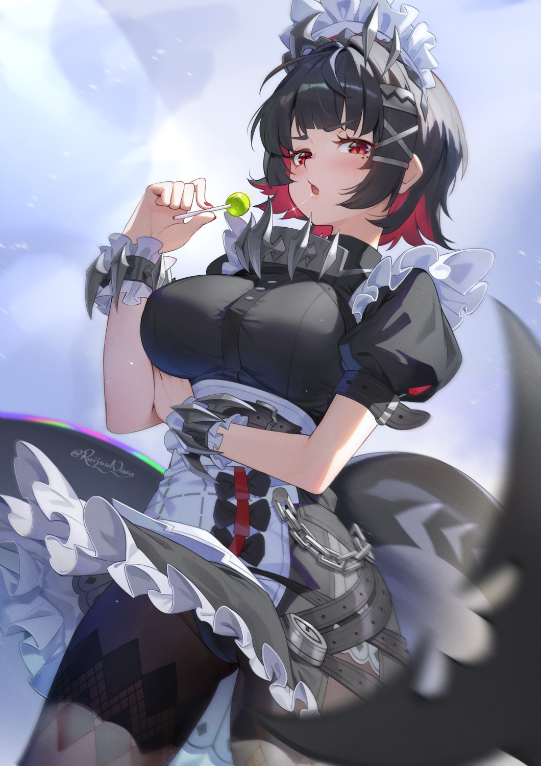 1girl apron black_dress black_hair blush breasts brown_pantyhose candy collar colored_inner_hair dress ellen_joe fins fish_tail food hairband highres large_breasts lollipop looking_at_viewer maid_headdress metal_collar metal_hairband multicolored_hair open_mouth pantyhose pink_hair puffy_short_sleeves puffy_sleeves raijuu_(bakanara) red_eyes shark_girl shark_tail short_hair short_sleeves solo spiked_headband tail thighs waist_apron white_apron wrist_cuffs zenless_zone_zero